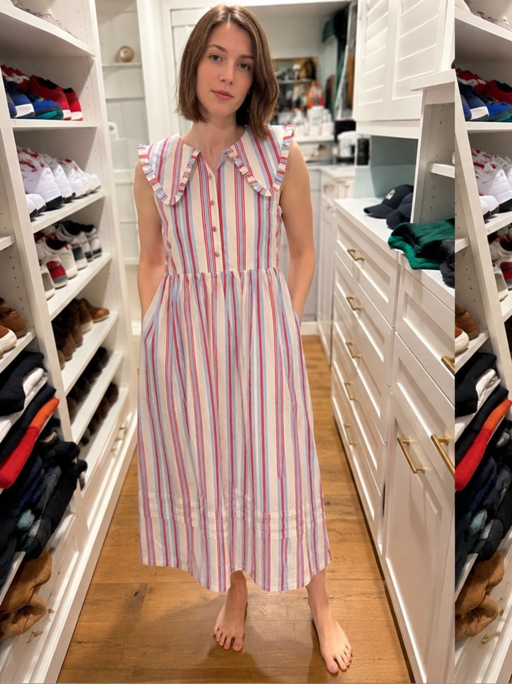 NWT Caroline Constas Sleeveless Sailor Striped Midi Dress in White, Red & Blue